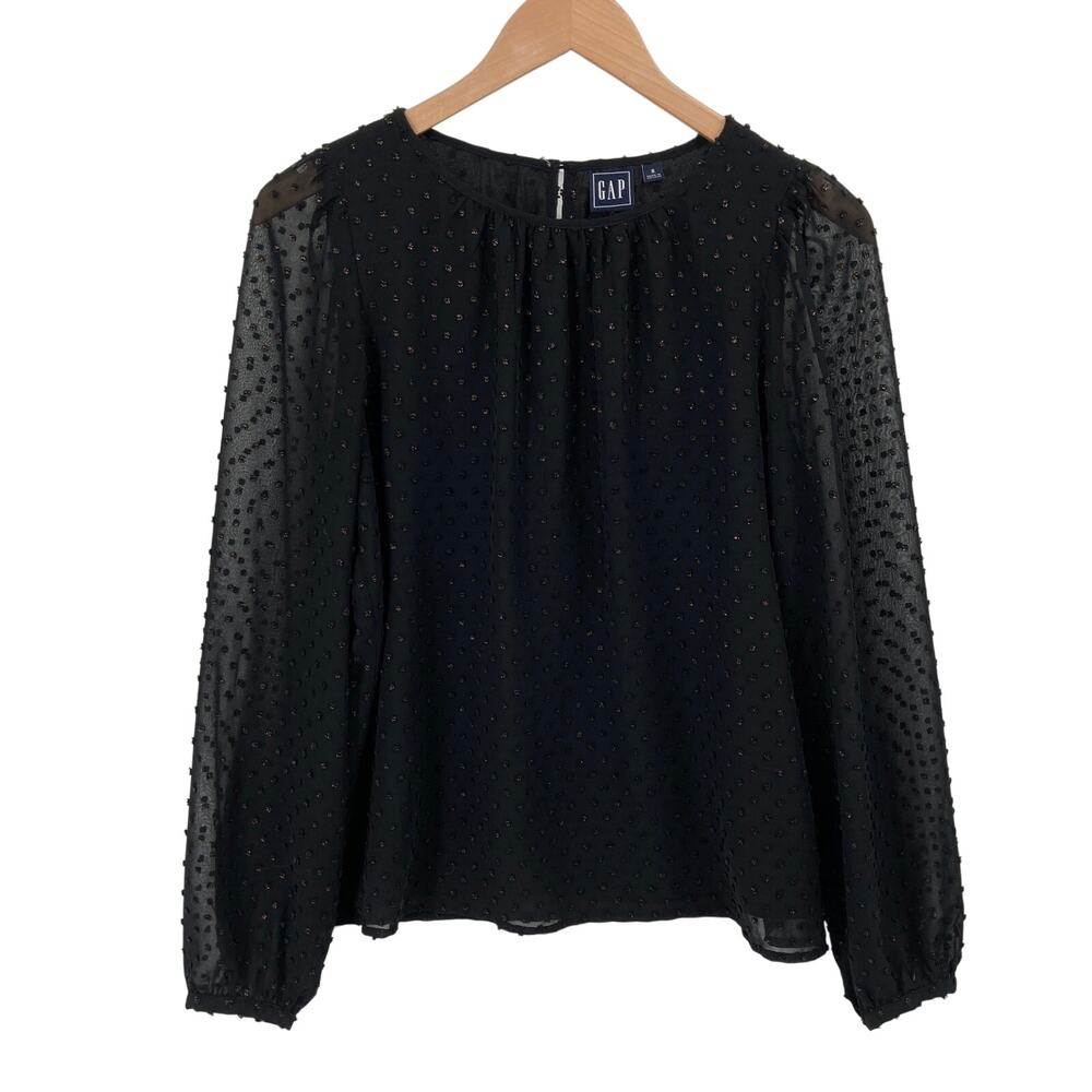 GAP Womens S Black Sheer Metallic Swiss Dot Long Sleeve Blouse Party Top